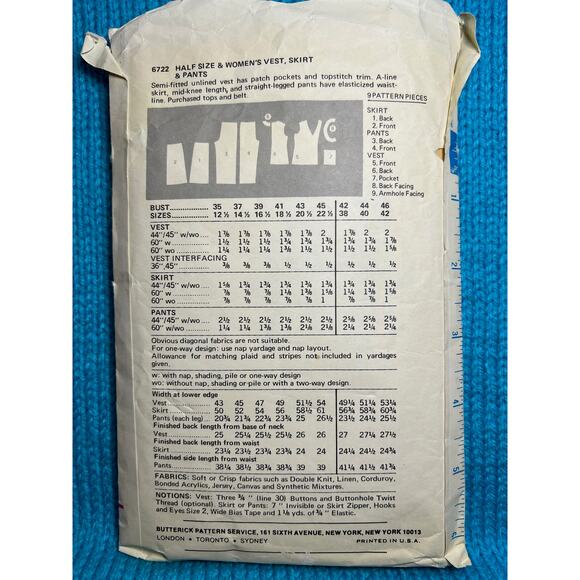 Butterick Sewing Pattern 6722 long vest straight pant 1970s size 16 1/2 - Picture 3 of 6